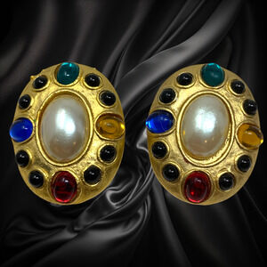 Vintage 1980's Gennaro Earrings Gold Tone Faux Pearl Cabochon Clip On Chunky